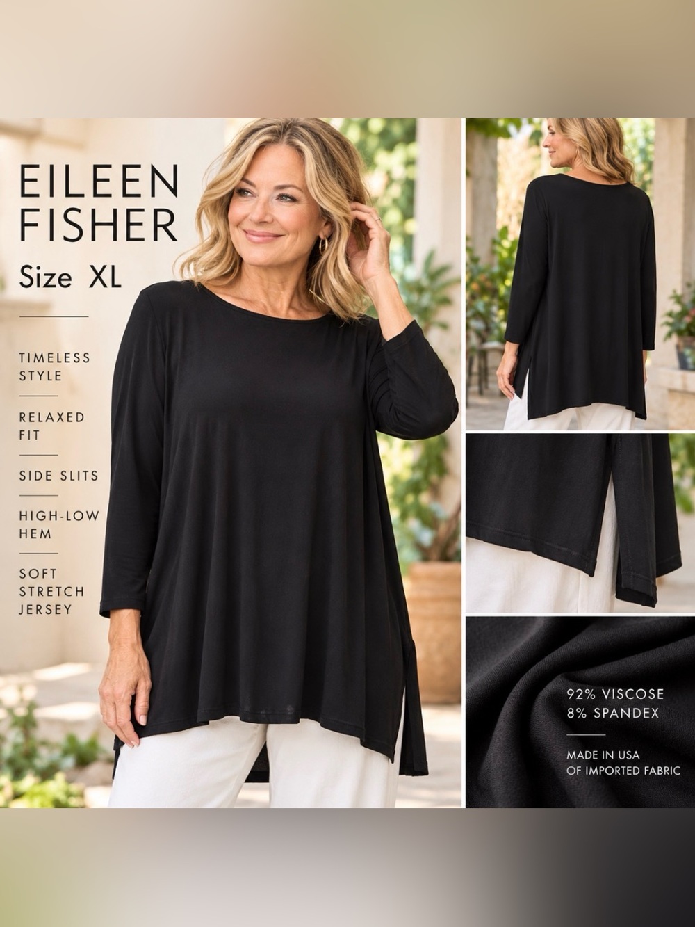 Eileen Fisher XL Black Viscose Jersey High
Low Tunic Top Made in USA